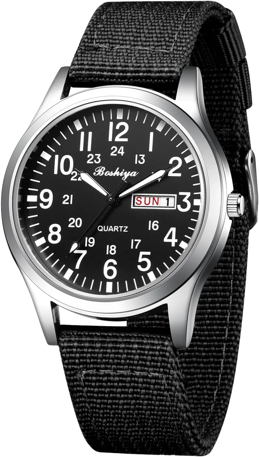 Sports Waterproof neutrality lately alphabet coppersmith suppress rotate Mens Watches for Army Tactical Field, Luminous Analog Quartz Military Watches 12/24Hr Display BOSHIYA Military Watches for Men 