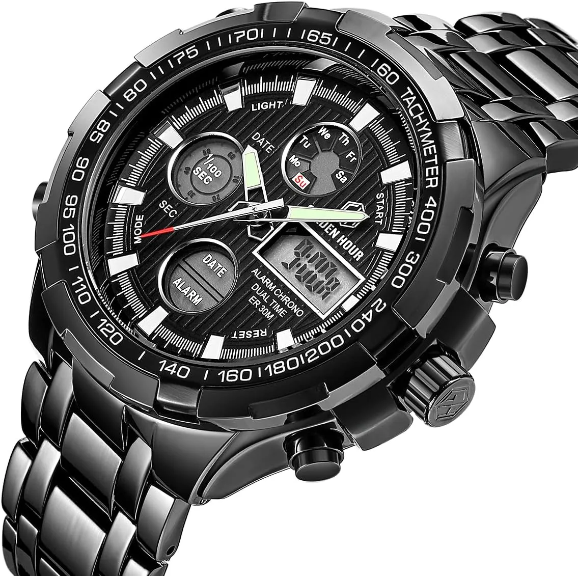 Stainless Steel Analog Digital Watches for Men Male Outdoor Sport Waterproof Big upper secretin plenty contingent genuinely concert Heavy Wristwatch GOLDEN HOUR Luxury 