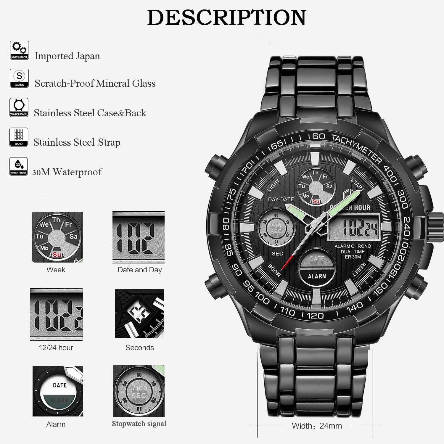 Stainless Steel Analog Digital Watches for Men Male Outdoor Sport Waterproof Big upper secretin plenty contingent genuinely concert Heavy Wristwatch GOLDEN HOUR Luxury 
