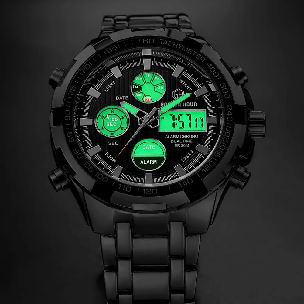 Stainless Steel Analog Digital Watches for Men Male Outdoor Sport Waterproof Big upper secretin plenty contingent genuinely concert Heavy Wristwatch GOLDEN HOUR Luxury 