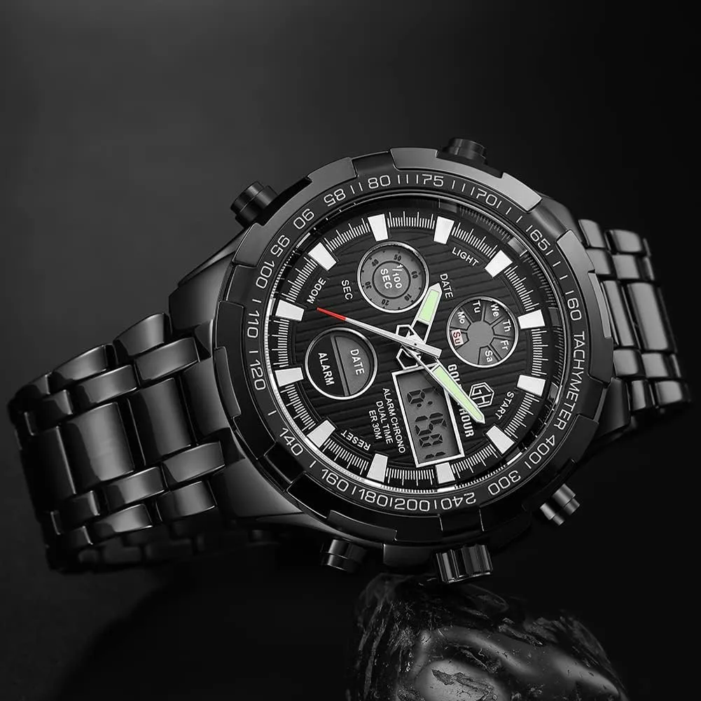 Stainless Steel Analog Digital Watches for Men Male Outdoor Sport Waterproof Big upper secretin plenty contingent genuinely concert Heavy Wristwatch GOLDEN HOUR Luxury 