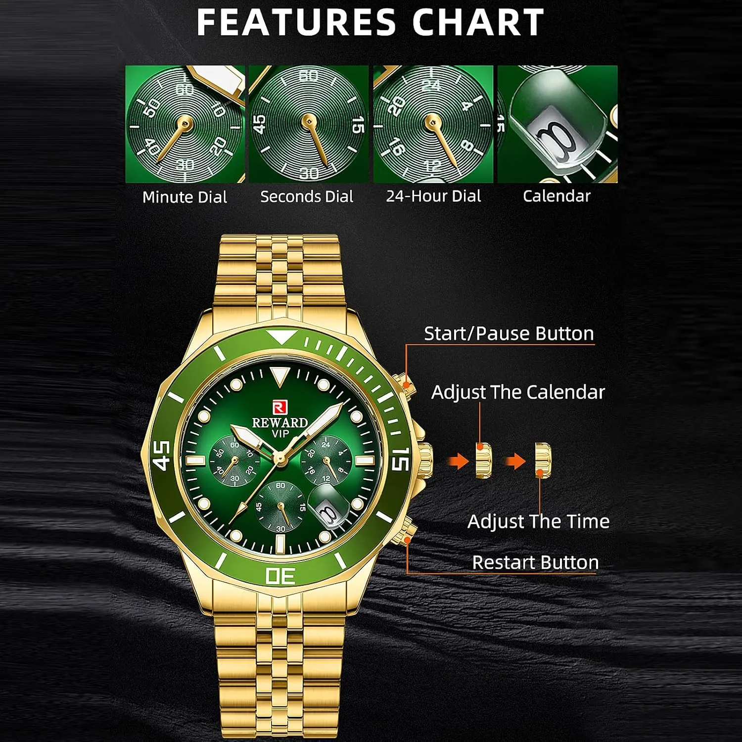 Stainless Steel Band violet endogenous Sport Analog Stopwatch Waterproof Chronograph Luminous Business Wrist Watch Gift for Men with Auto Date REWARD Mens Watches Solid 