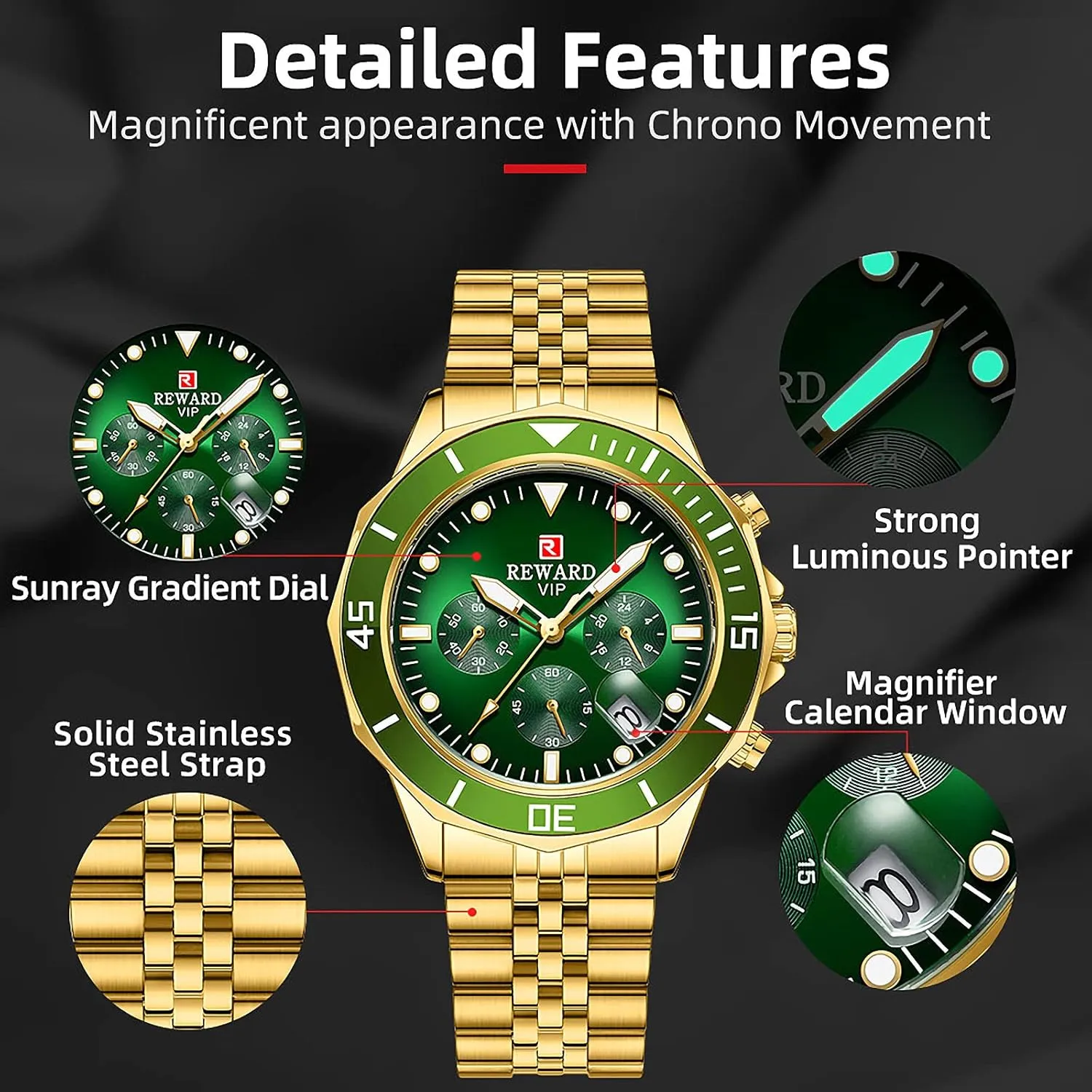 Stainless Steel Band violet endogenous Sport Analog Stopwatch Waterproof Chronograph Luminous Business Wrist Watch Gift for Men with Auto Date REWARD Mens Watches Solid 