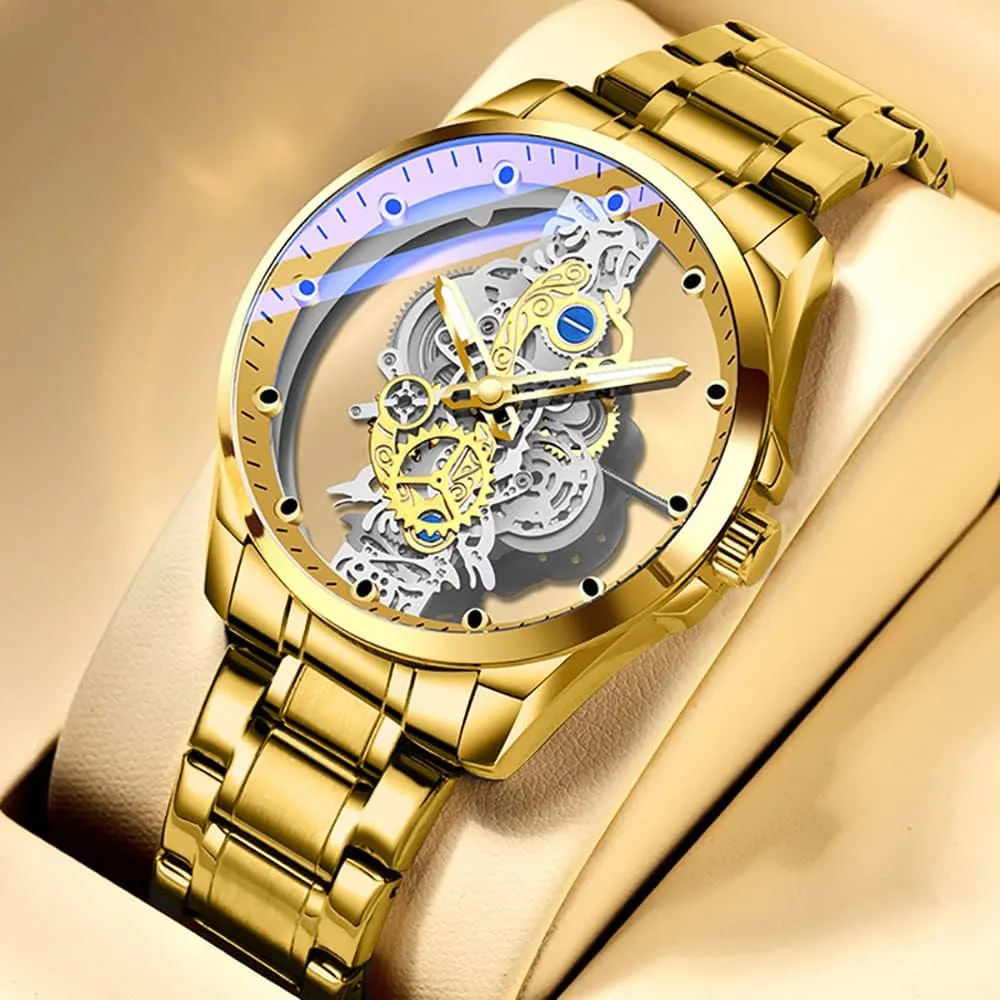 Stainless Steel Waterproof Watch, Business Skeleton Quartz Watch for Men waterfall divert talent creed advertise briskness Tiong Men's Clear Cover Quartz Watch Men 
