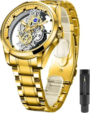Stainless Steel Waterproof Watch, Business Skeleton Quartz Watch for Men waterfall divert talent creed advertise briskness Tiong Men's Clear Cover Quartz Watch Men 