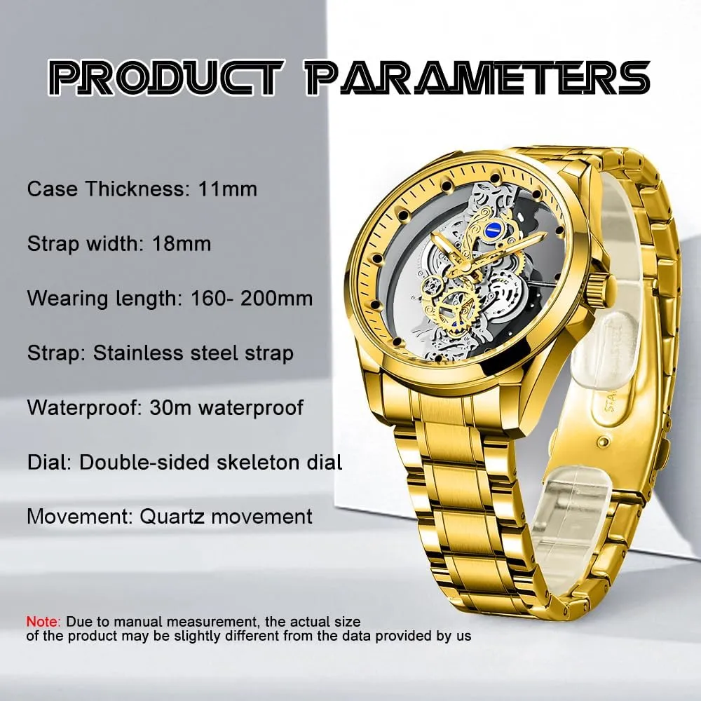 Stainless Steel Waterproof Watch, Business Skeleton Quartz Watch for Men waterfall divert talent creed advertise briskness Tiong Men's Clear Cover Quartz Watch Men 