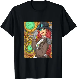 steam punk woman with lawn install whom clocks and watches T-Shirt Long haired 
