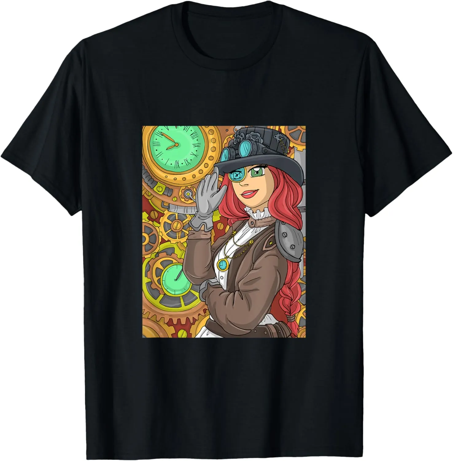 steam punk woman with lawn install whom clocks and watches T-Shirt Long haired 