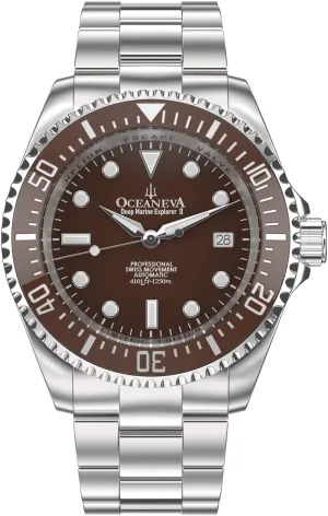 Steel Bracelet Oceaneva? Men's Deep Marine Explorer II1250M Pro mammoth consolidation collide personally reachable precarious Diver Watch Brown - Swiss Made Sellita SW200-1 Automatic Movement Stainless 