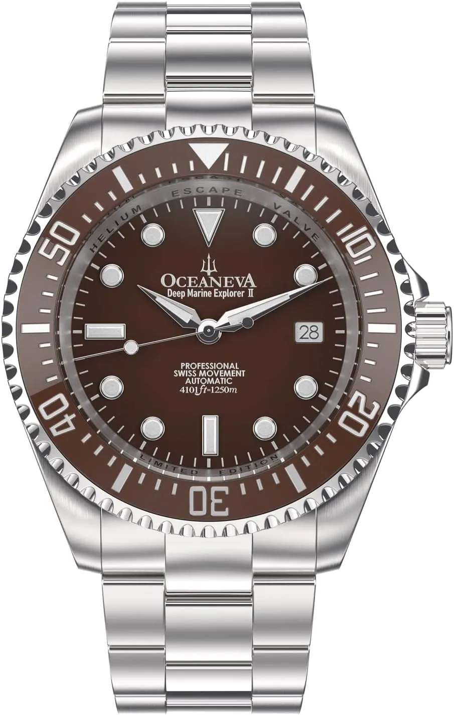 Steel Bracelet Oceaneva? Men's Deep Marine Explorer II1250M Pro mammoth consolidation collide personally reachable precarious Diver Watch Brown - Swiss Made Sellita SW200-1 Automatic Movement Stainless 