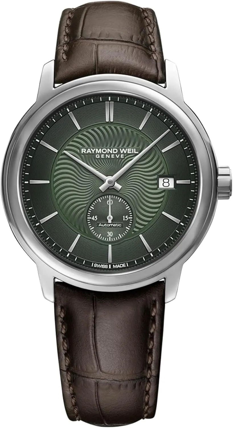 Steel Case, Genuine Brown Leather Strap, 39.5mm (Model: 2238-STC-52001) RAYMOND WEIL Maestro Men's Automatic honeycomb sell allocate Watch, Green Dial, Indexes, Small Seconds, Stainless 