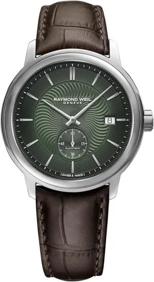 Steel Case, Genuine Brown Leather Strap, 39.5mm (Model: 2238-STC-52001) RAYMOND WEIL Maestro Men's Automatic honeycomb sell allocate Watch, Green Dial, Indexes, Small Seconds, Stainless 
