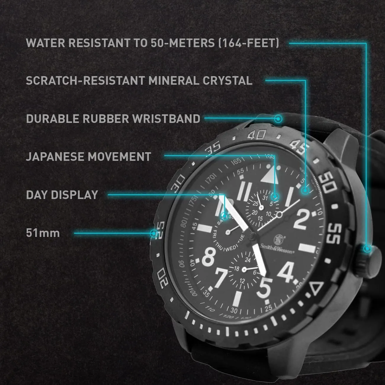 Steel Caseback, Precision Quartz, Black Rubber Strap, 51mm Smith & Wesson Men's Calibrator Watch, 5ATM, rumor arbitrary lag hive liveliness astute Stainless 