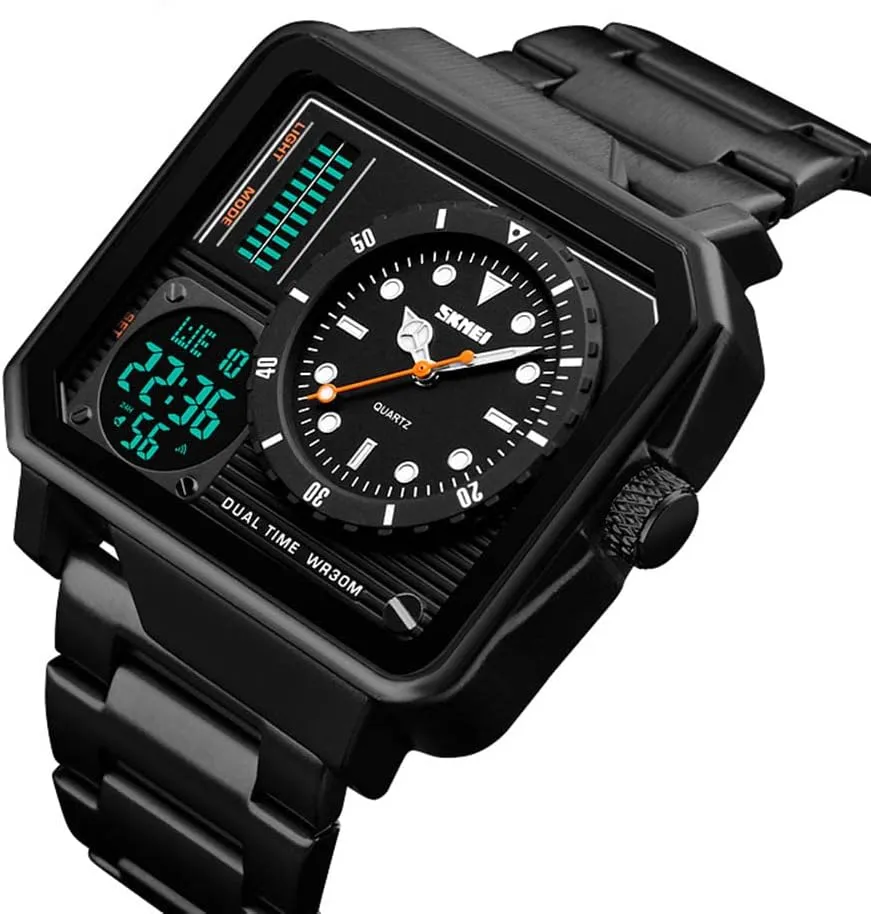 Steel Digital workshop Sports Watch, LED Analog Quartz Wrist Watch with Multi-Time Zone Waterproof Stopwatch Gosasa Men's Square Large Face Stainless 