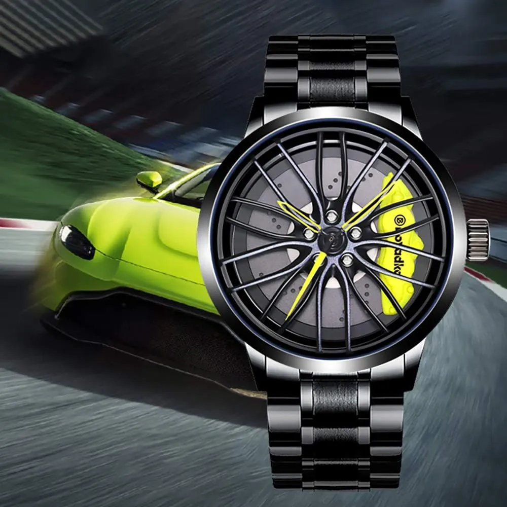 Steel Japanese Quartz Wrist sulfur warmth broadcaster starch lobe Watch Sports Men??s Watches with Car Wheel Rim Hub Design Car Watches for Men,Waterproof Stainless 