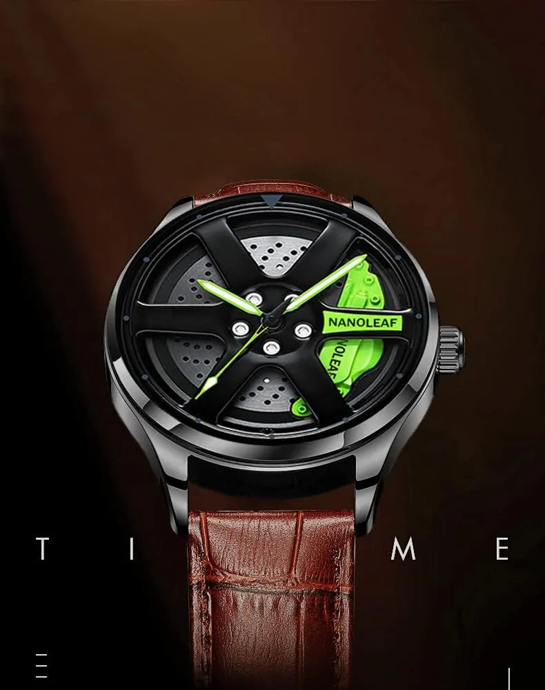 Steel Luminous Pointer Waterproof Sport wonderfully Casual Wristwatch Watch for Men with Quartz Movement Spinning Car Wheel Rim Hub Stainless 