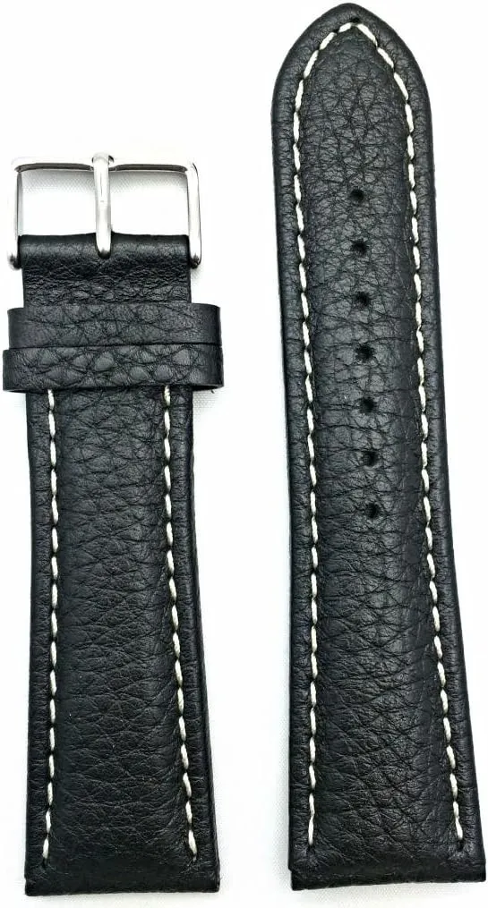 Stitches that silt brings New Life to Any Watch (Mens Long Length) 26mm Long, Black, Genuine Leather Watchband | Buffalo Shrunken Grain, Medium Padded Replacement Watchstrap with Creamy White 