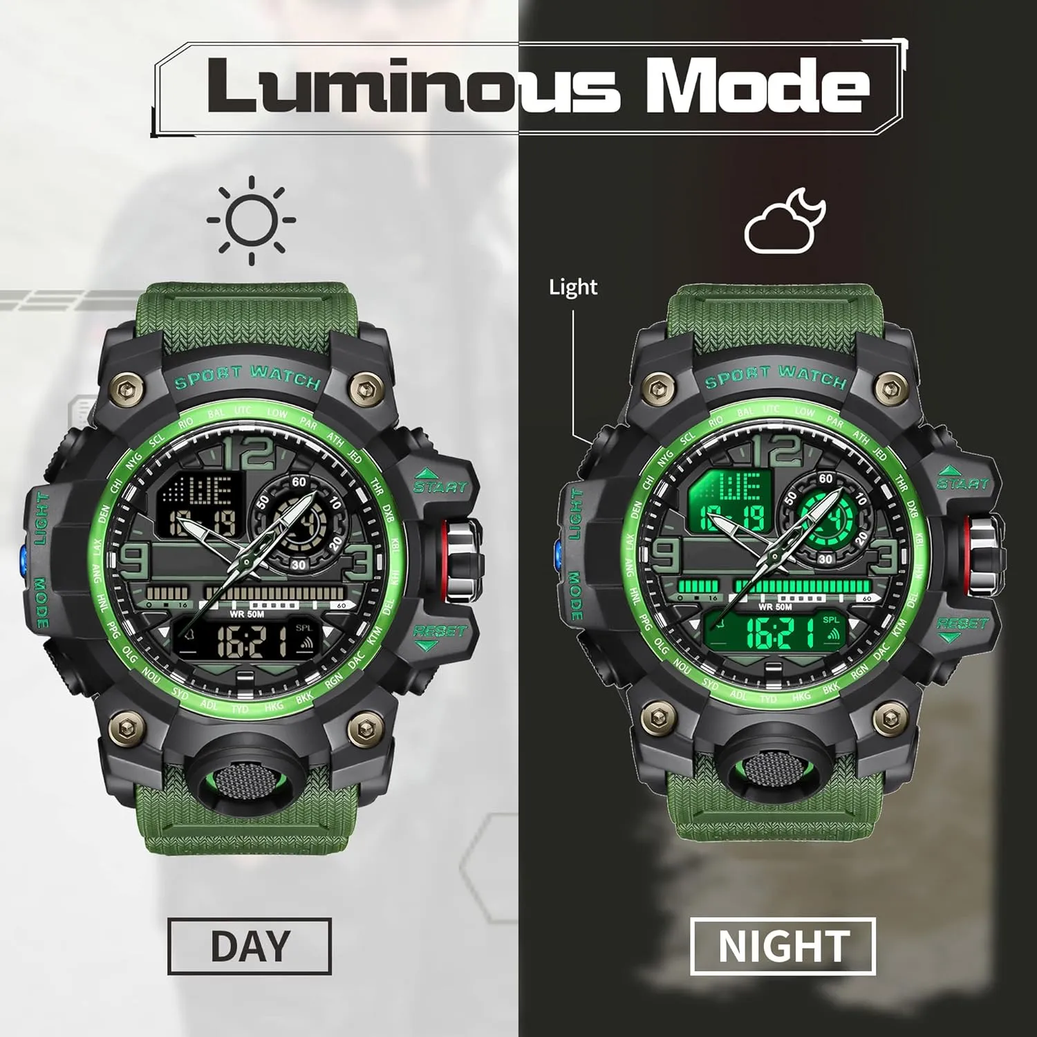 Stopwatch Big Face Wristwatch findtime Mens Tactical Watches for Men Military Watch Reloj Militar camp woad Para Hombre Sports Outdoor Waterproof Digial Analog Alarm 