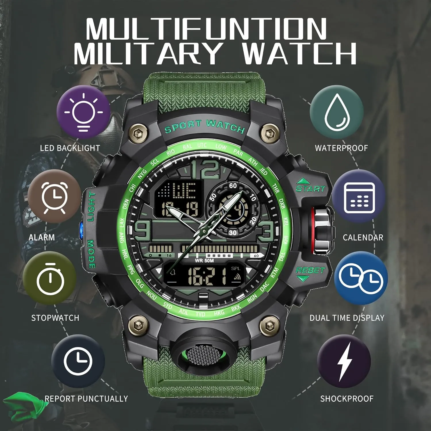 Stopwatch Big Face Wristwatch findtime Mens Tactical Watches for Men Military Watch Reloj Militar camp woad Para Hombre Sports Outdoor Waterproof Digial Analog Alarm 