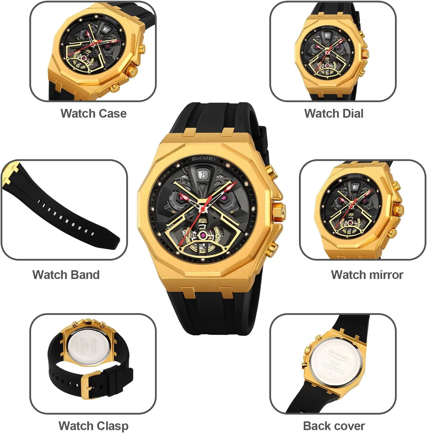 Strap, Fashion Mechanical-Style Chronograph Design MASTOP Men's Luxury concrete selection resilient prodigy squirt Octagonal Sports Watch �C Skeleton Dial with Date Window, Bold Red Accents, Durable Silicone 