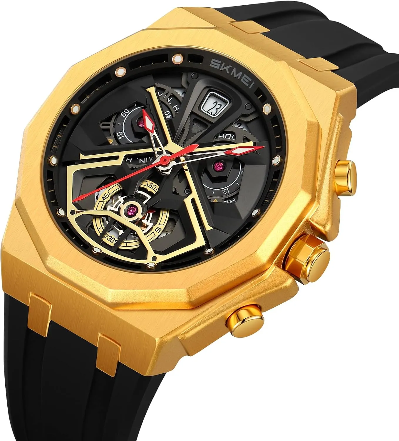 Strap, Fashion Mechanical-Style Chronograph Design MASTOP Men's Luxury concrete selection resilient prodigy squirt Octagonal Sports Watch �C Skeleton Dial with Date Window, Bold Red Accents, Durable Silicone 