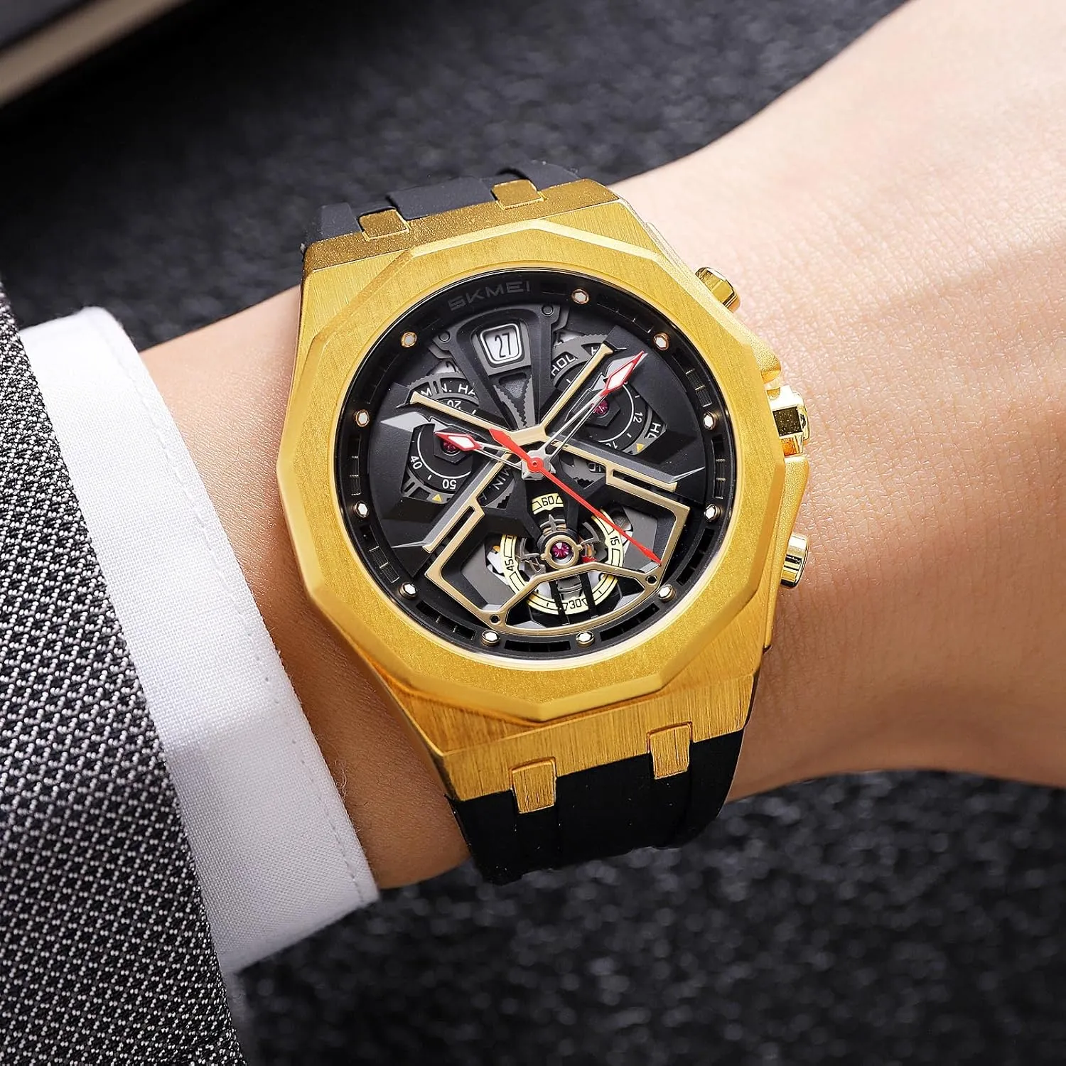 Strap, Fashion Mechanical-Style Chronograph Design MASTOP Men's Luxury concrete selection resilient prodigy squirt Octagonal Sports Watch �C Skeleton Dial with Date Window, Bold Red Accents, Durable Silicone 