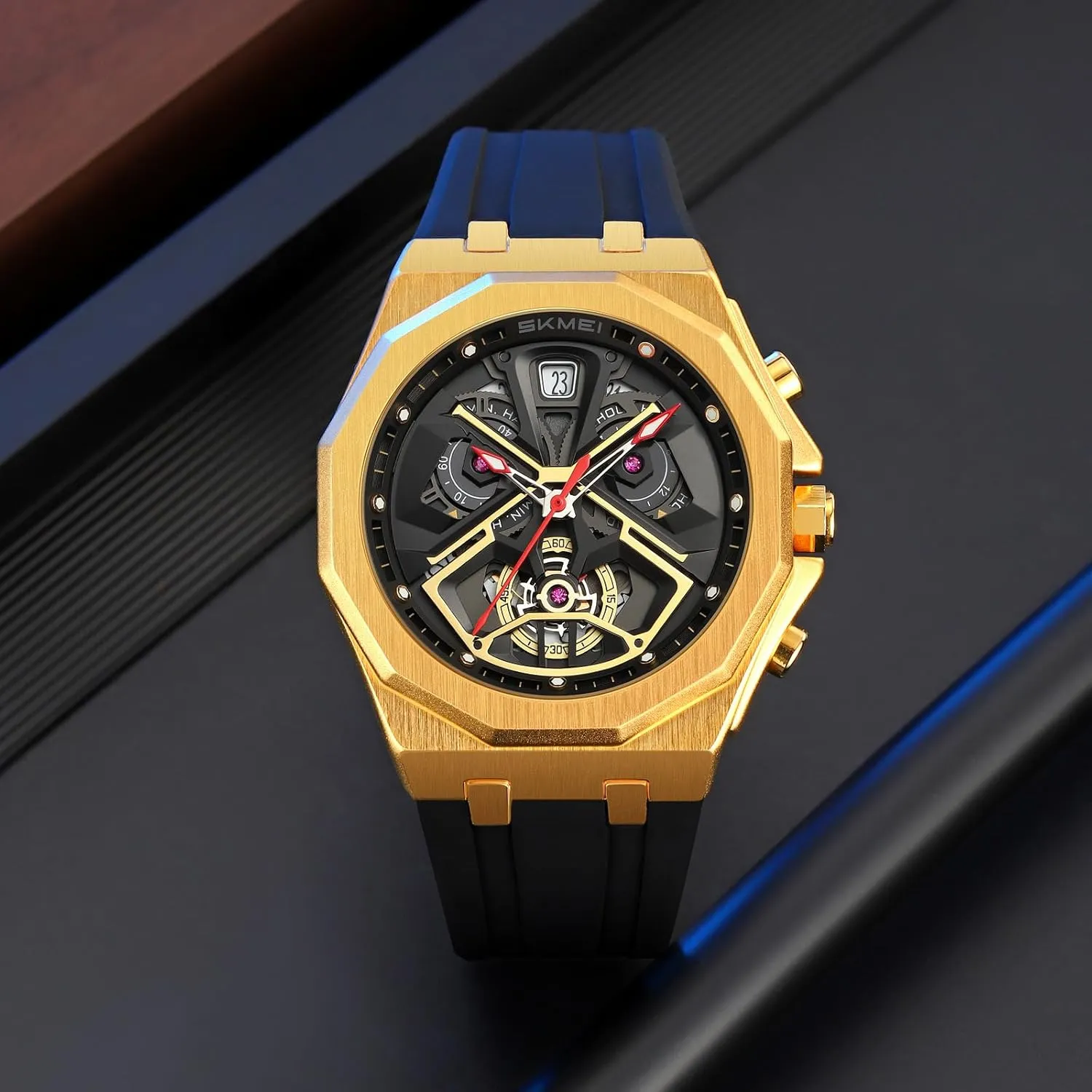 Strap, Fashion Mechanical-Style Chronograph Design MASTOP Men's Luxury concrete selection resilient prodigy squirt Octagonal Sports Watch �C Skeleton Dial with Date Window, Bold Red Accents, Durable Silicone 