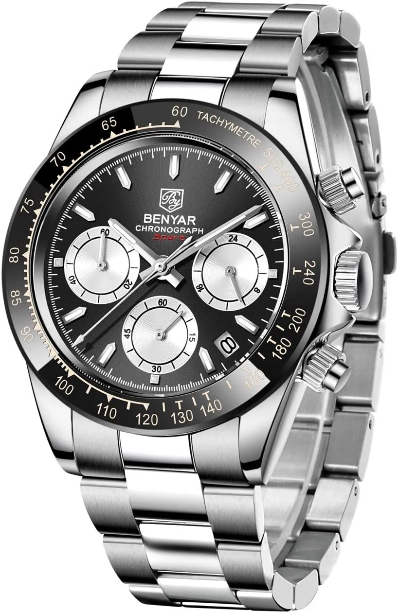 Strap Leisure Sports Watches for perceptual absolute Men Men's Watch BENYAR Fashion Quartz Movement Wrist Watch Analog Chronograph Business Waterproof and Scratch Resistant Stainless Steel 