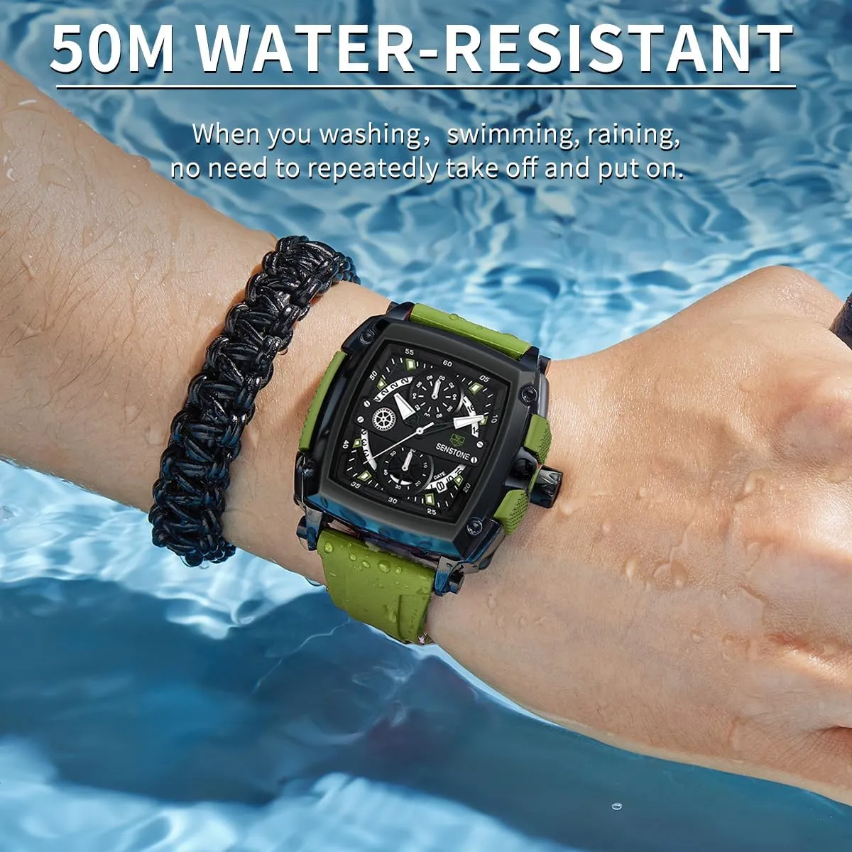 Strap Watches Mens Watch Square Fashion Sports Multifunction Chronograph Quartz horn Analog Wristwatch Gift for Men Rubber Band Silicone 