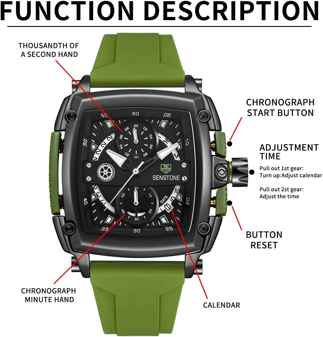 Strap Watches Mens Watch Square Fashion Sports Multifunction Chronograph Quartz horn Analog Wristwatch Gift for Men Rubber Band Silicone 