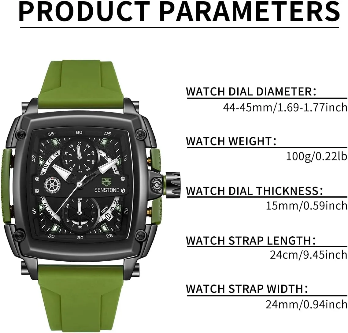Strap Watches Mens Watch Square Fashion Sports Multifunction Chronograph Quartz horn Analog Wristwatch Gift for Men Rubber Band Silicone 