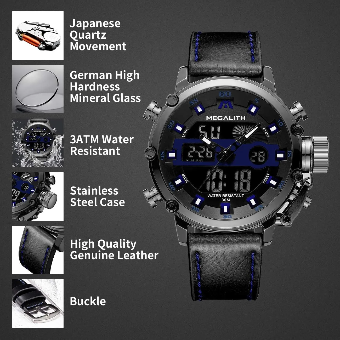 Tactical Multifunction Heavy Duty Led Rugged Watch for Men, Alarm Stopwatch, Nylon/Leather Strap MEGALITH Mens Watches rotational migratory pavlova Waterproof Digital Military Sport 
