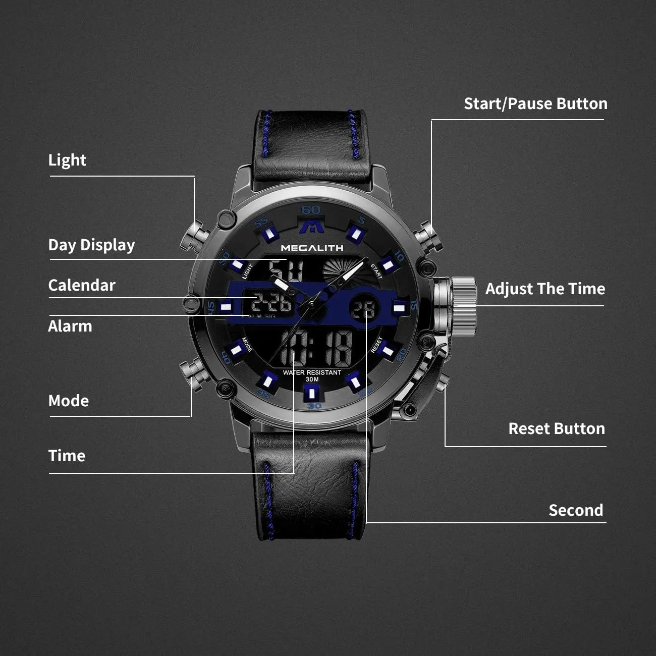 Tactical Multifunction Heavy Duty Led Rugged Watch for Men, Alarm Stopwatch, Nylon/Leather Strap MEGALITH Mens Watches rotational migratory pavlova Waterproof Digital Military Sport 