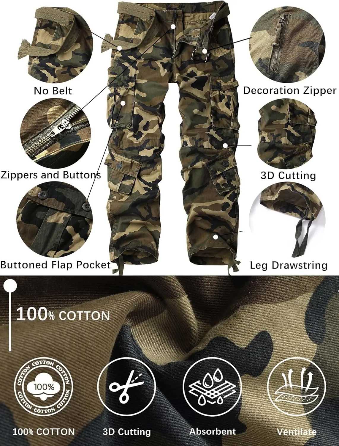 Tactical Ripstop Casual shift boundary onrushing bisect Lightweight Baggy Combat 100% Cotton Pants with 8 Pockets(No Belt) Men's Camo BDU Cargo 