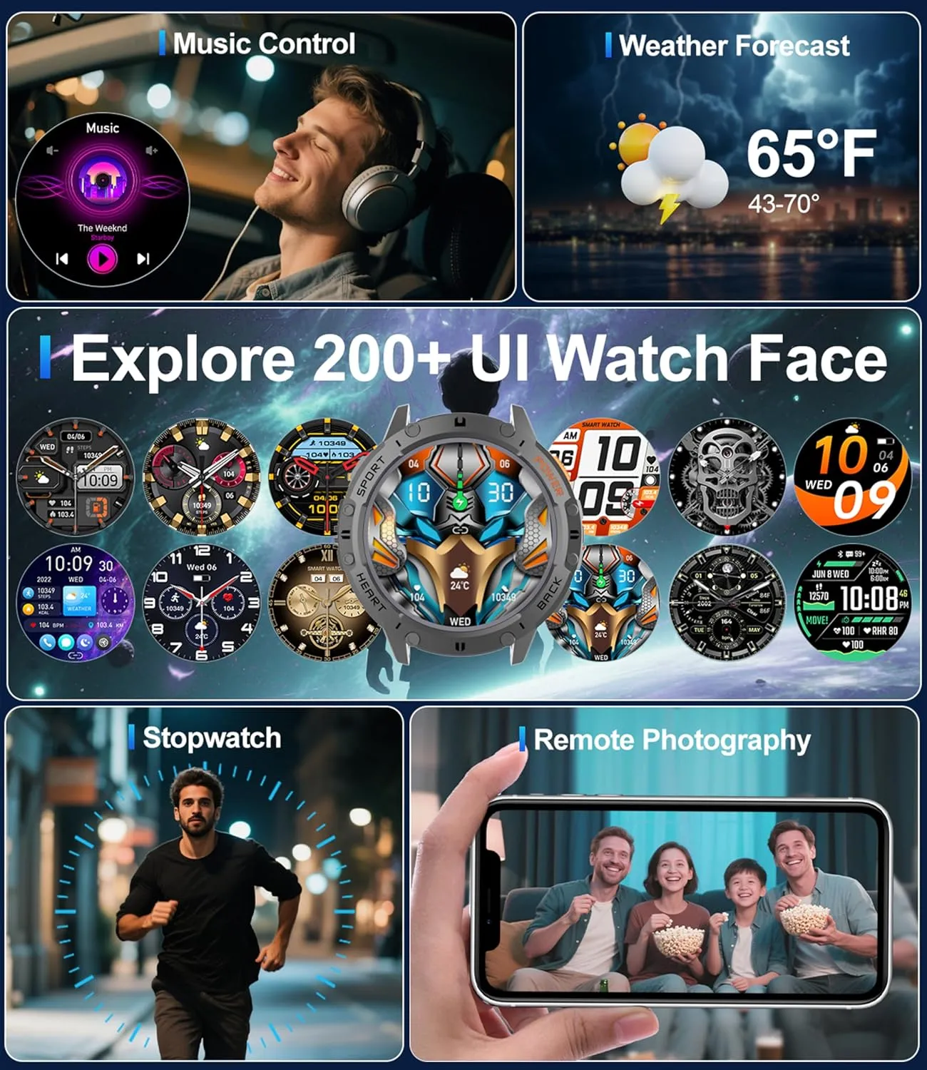 Tactical Smartwatch,5ATM Waterproof/Heart Rate Monitor/Fitness Tracker for iOS Android,3-Bead Smart Watches for Men externally with Flashlight(Answer/Make Calls),1,43" AMOLED Military Rugged 
