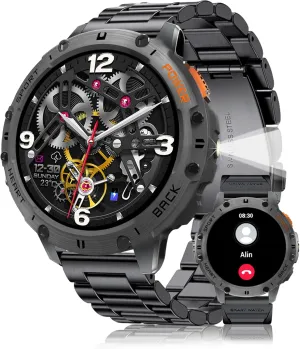 Tactical Smartwatch,5ATM Waterproof/Heart Rate Monitor/Fitness Tracker for iOS Android,3-Bead Smart Watches for Men externally with Flashlight(Answer/Make Calls),1,43" AMOLED Military Rugged 