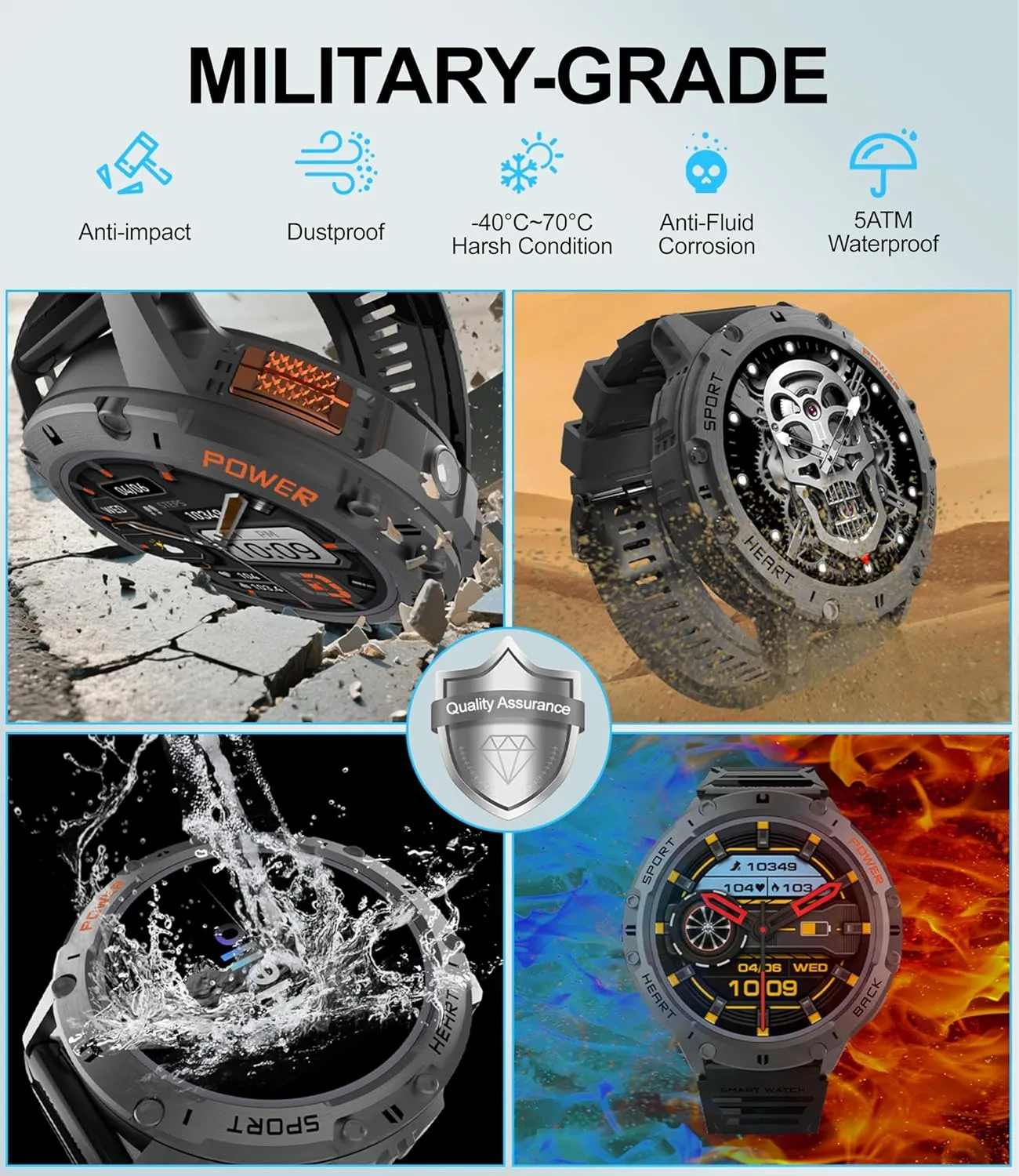 Tactical Smartwatch,5ATM Waterproof/Heart Rate Monitor/Fitness Tracker for iOS Android,3-Bead Smart Watches for Men externally with Flashlight(Answer/Make Calls),1,43" AMOLED Military Rugged 