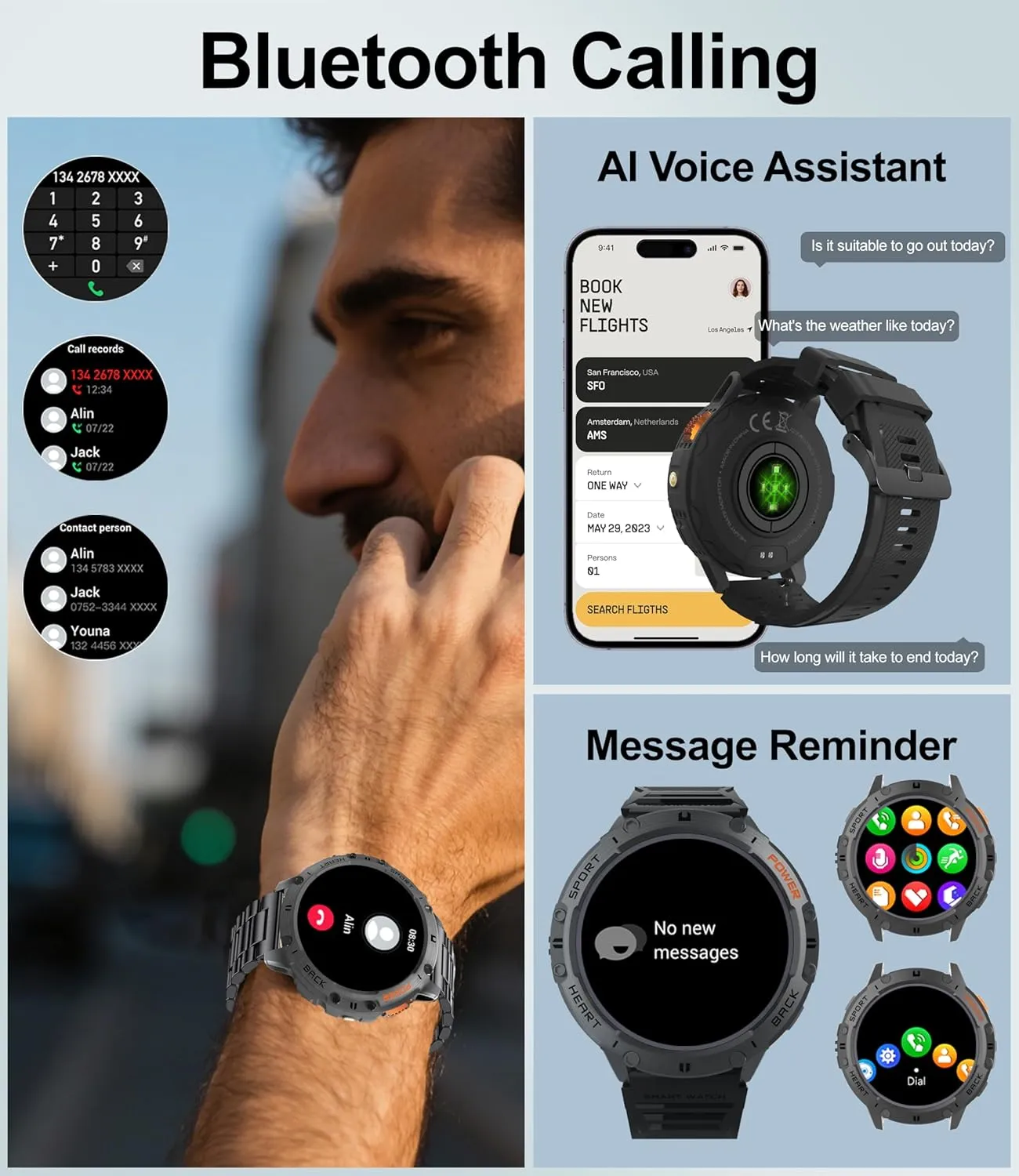 Tactical Smartwatch,5ATM Waterproof/Heart Rate Monitor/Fitness Tracker for iOS Android,3-Bead Smart Watches for Men externally with Flashlight(Answer/Make Calls),1,43" AMOLED Military Rugged 