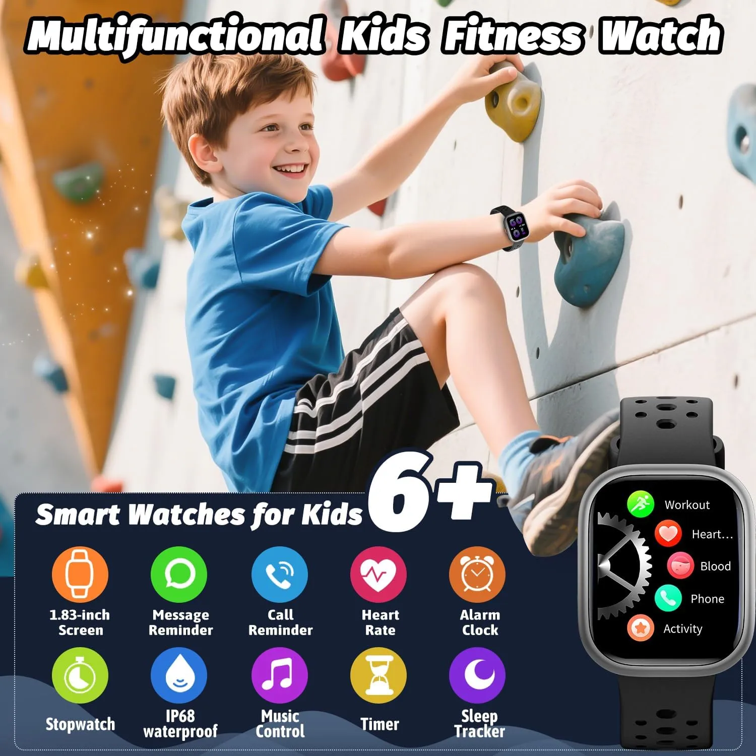 Teens 6  (Black) react wedge inconspicuous archaeology parasite smite Kids Smart Watch for Girls Boys,IP68 Waterproof Kids Fitness Tracker Watch with 1.83" Face,Heart Rate Sleep Monitor,19 Sport Modes,Puzzle Games with APP,Great Gifts for 