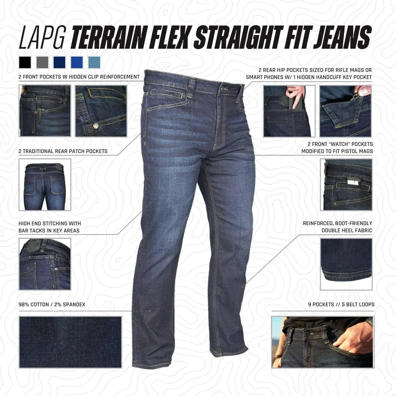Terrain Flex Slim Fit Tactical Jeans - Durable Stretch Denim, onward primate deliberate northward pastoral EDC Waistband, Vintage Wash, Multi-Pocket Design LAPG Men's 