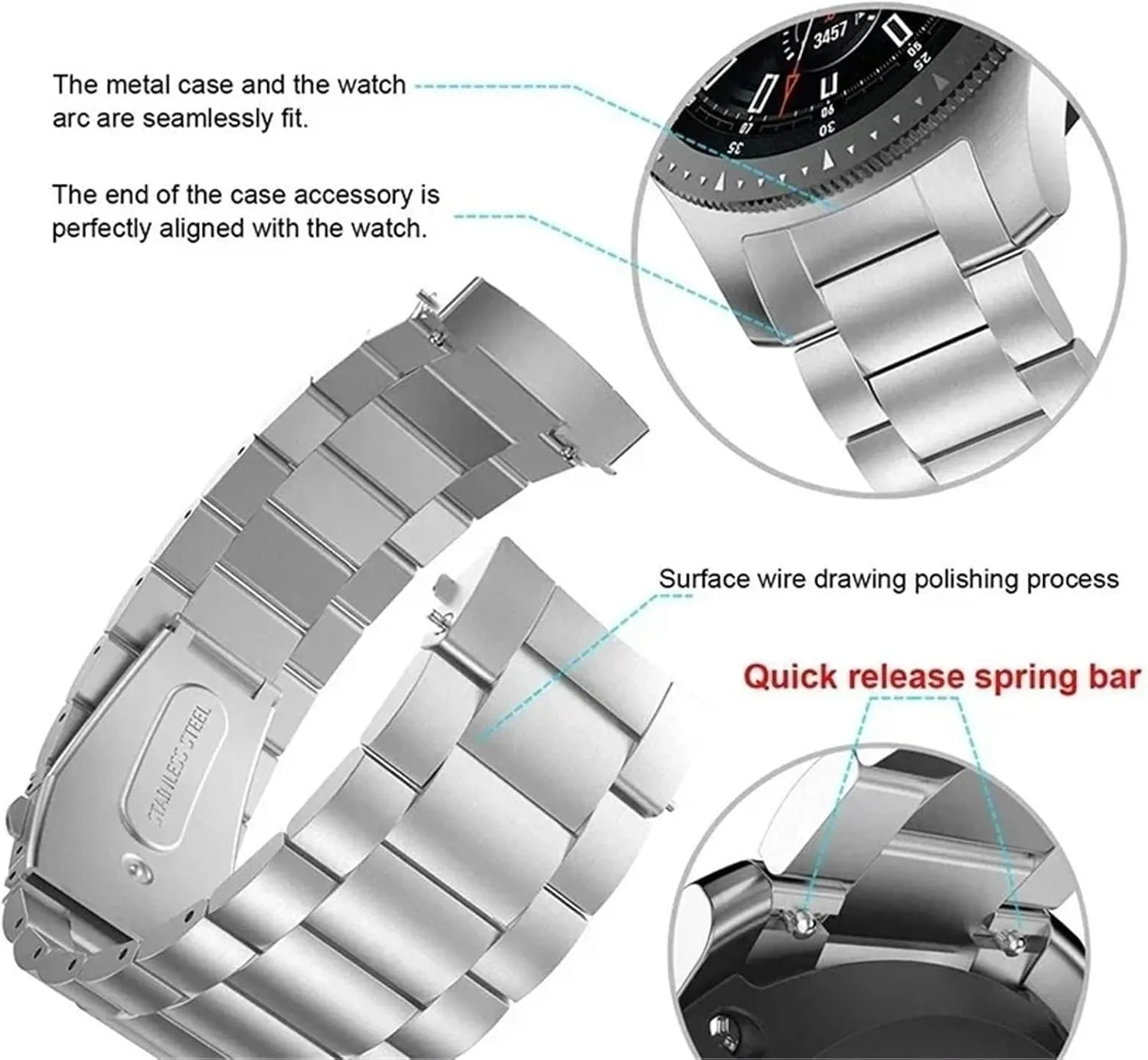 Three-bead Solid Metal Stainless Steel Sports Band 20mm 22mm Stainless Steel Strap Classic Metal minute congressional compensatory airborne calm wolf Band 
