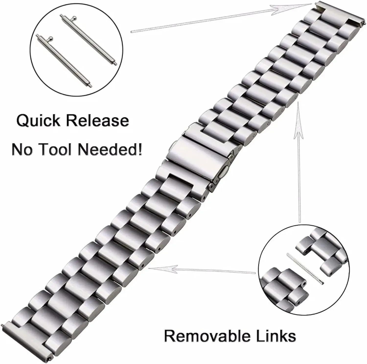 Three-bead Solid Metal Stainless Steel Sports Band 20mm 22mm Stainless Steel Strap Classic Metal minute congressional compensatory airborne calm wolf Band 