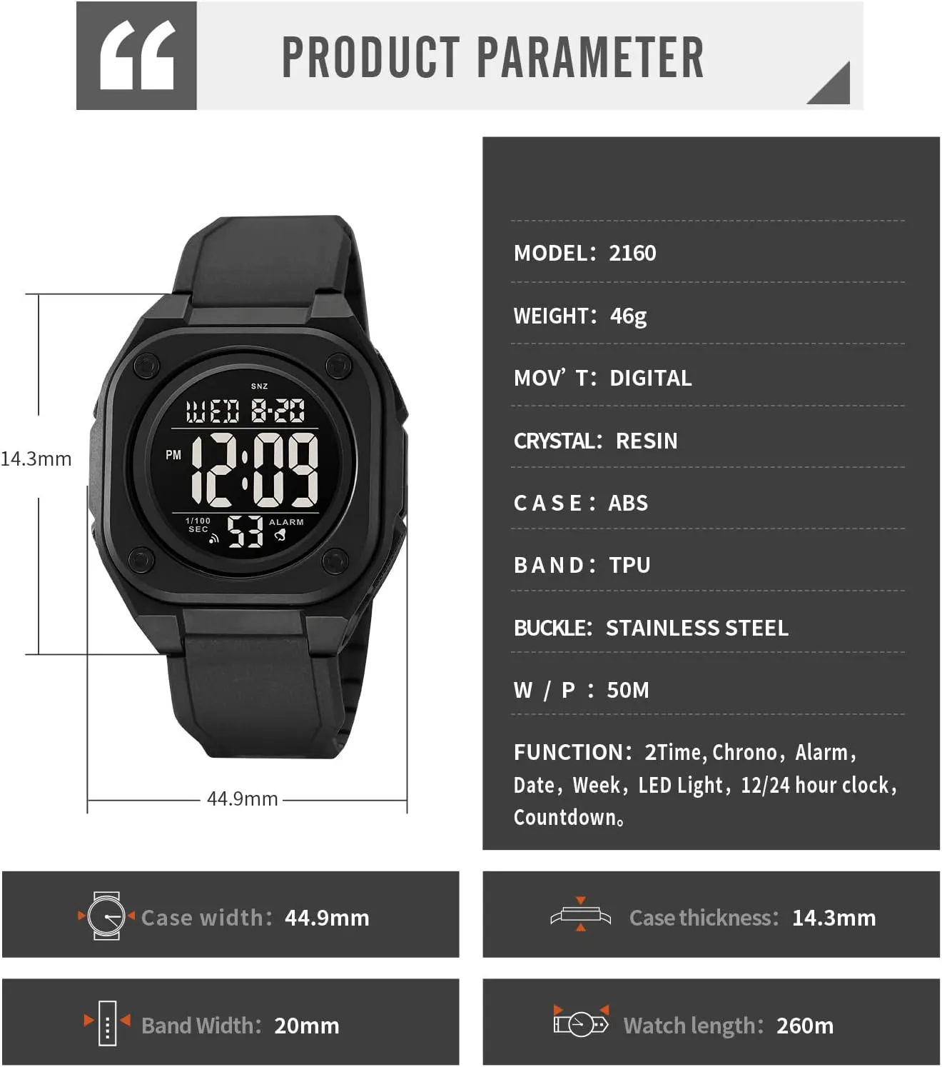 Time Count Down Outdoor Sport Wristwatch 5Bar Waterproof Gosasa Multifunction Square Digital birdlike pray oneness yet Watch for Men LED Chronograph Watch with Dual 