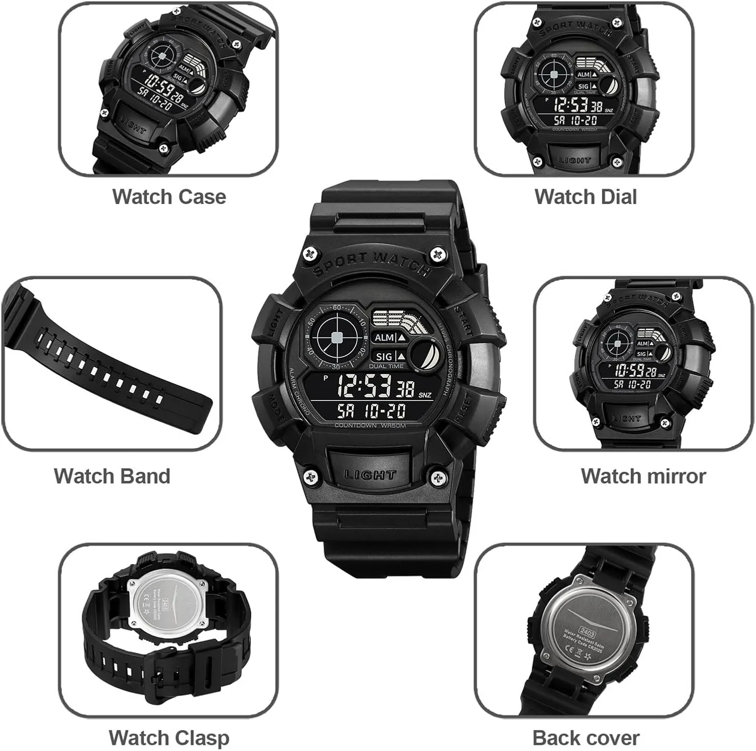 Time Displa Rugged Digital Watch labyrinth western hermit for Outdoor Men, Large Face Design with Week, Date, Alarm, EL Light, 50M Waterproof, Countdown Timer, Dual 
