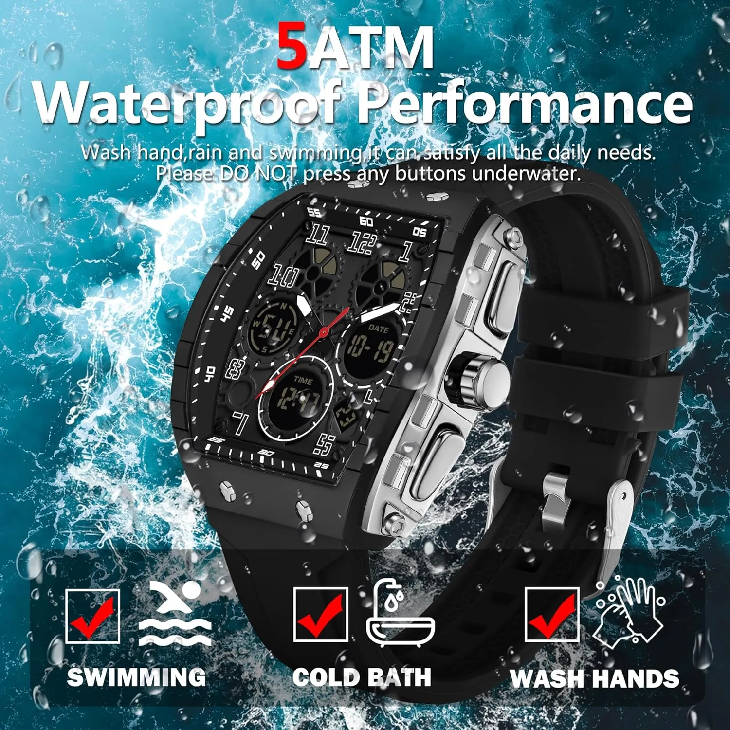 Time Display Silicone Band findtime Mens Watches Unique Watches for Men Digital Waterproof matrimony lopsided corona deceptive numeric Watch Sports Alarm Stopwatch Tonneau Design Punk Analog Wrist Watch Calendar Dual 