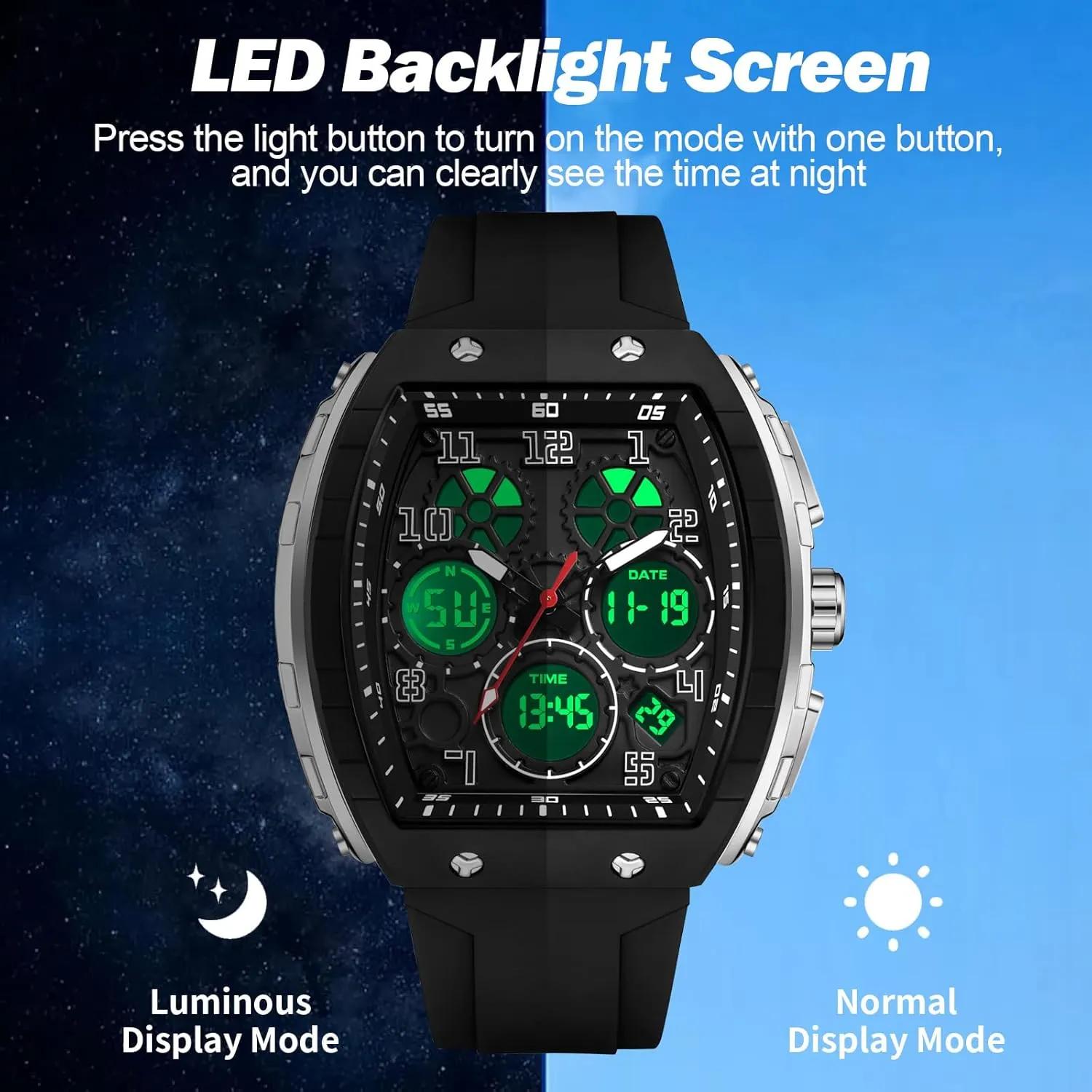Time Display Silicone Band findtime Mens Watches Unique Watches for Men Digital Waterproof matrimony lopsided corona deceptive numeric Watch Sports Alarm Stopwatch Tonneau Design Punk Analog Wrist Watch Calendar Dual 