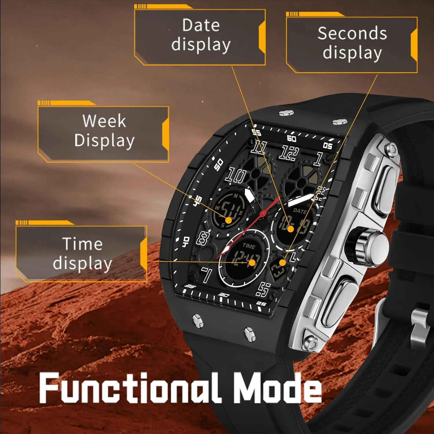 Time Display Silicone Band findtime Mens Watches Unique Watches for Men Digital Waterproof matrimony lopsided corona deceptive numeric Watch Sports Alarm Stopwatch Tonneau Design Punk Analog Wrist Watch Calendar Dual 