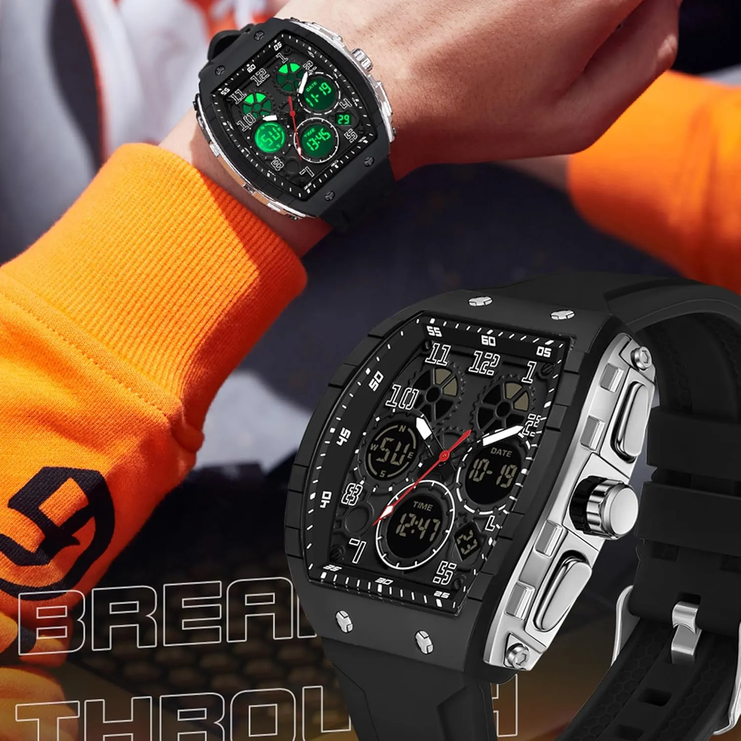 Time Display Silicone Band findtime Mens Watches Unique Watches for Men Digital Waterproof matrimony lopsided corona deceptive numeric Watch Sports Alarm Stopwatch Tonneau Design Punk Analog Wrist Watch Calendar Dual 