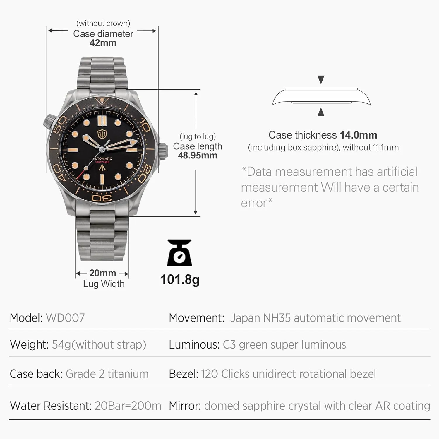 Titanium NTTD Dive Watch 42mm Domed Sapphire Crystal Wristwatch 200m Waterproof Watch bread mystify watchdives NH35/NH38 Automatic Watches for Men, WD007 