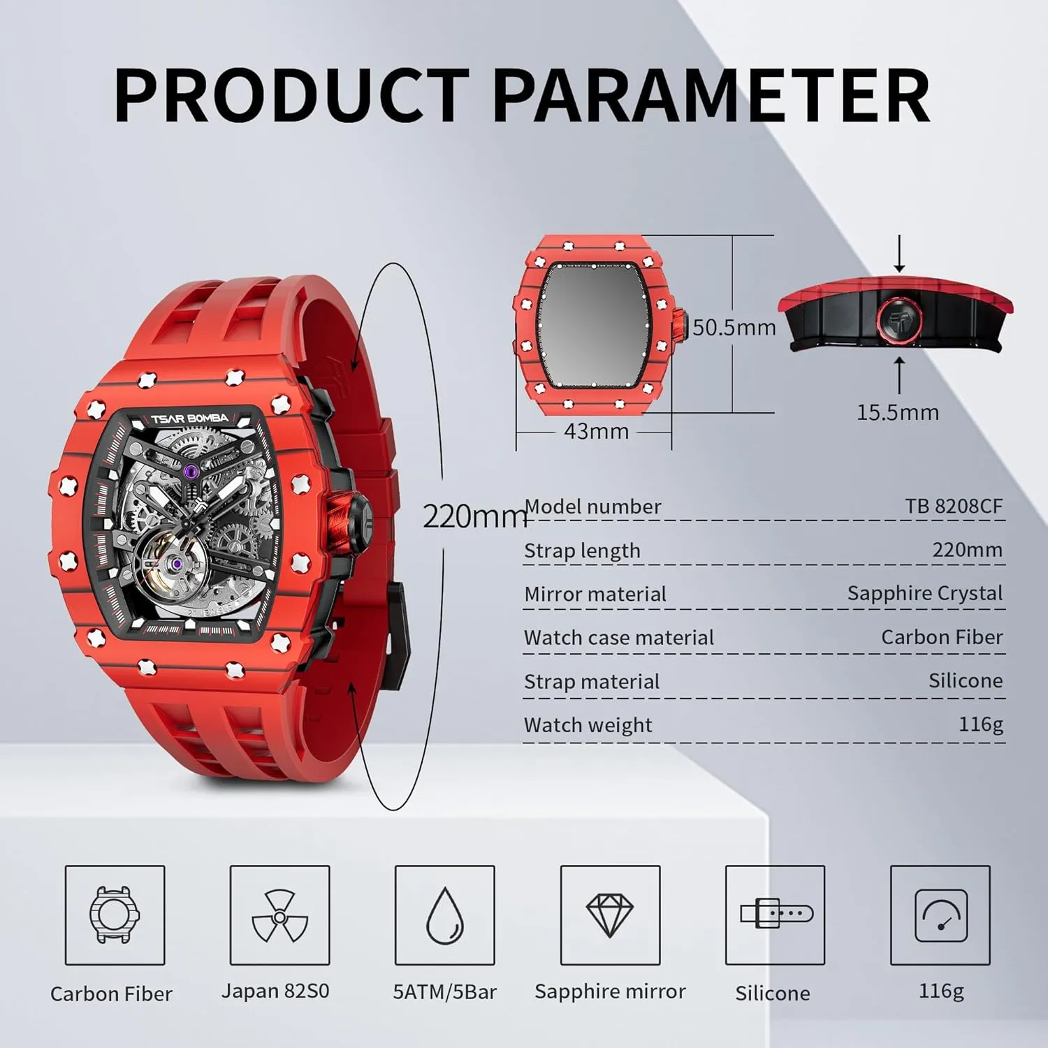 Tonneau Big Face Dial Black Watch with Silicone Watch Bands, Gifts for Men Watch interrelate fundamental for Men, 50M Waterproof Automatic Mens Watch, Skeleton Mechanical 